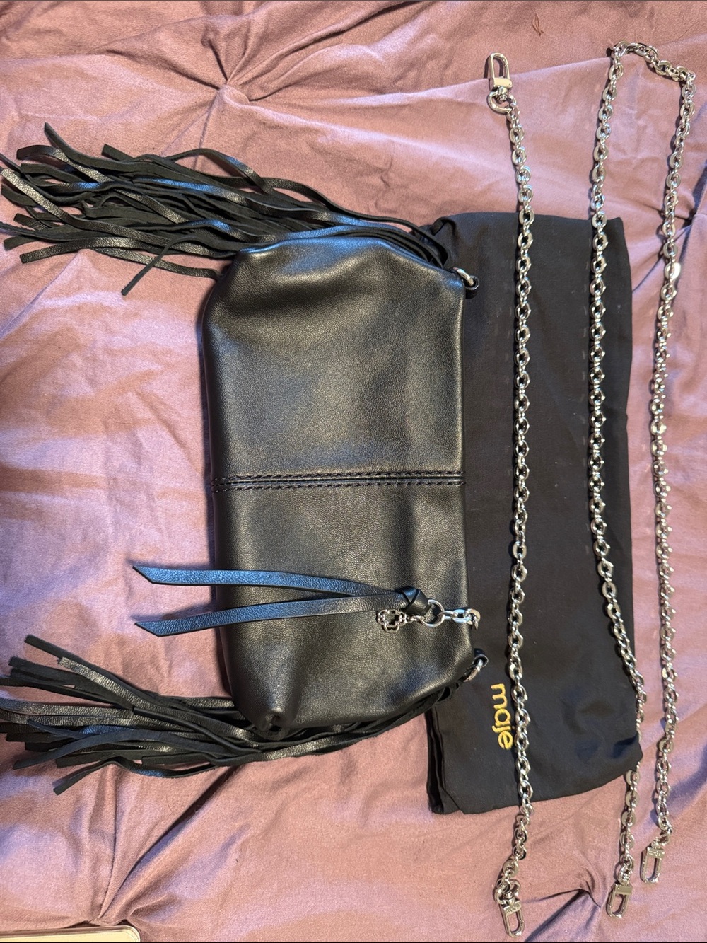 Maje Black Leather Fringe Crossbody with Silver Chain Strap